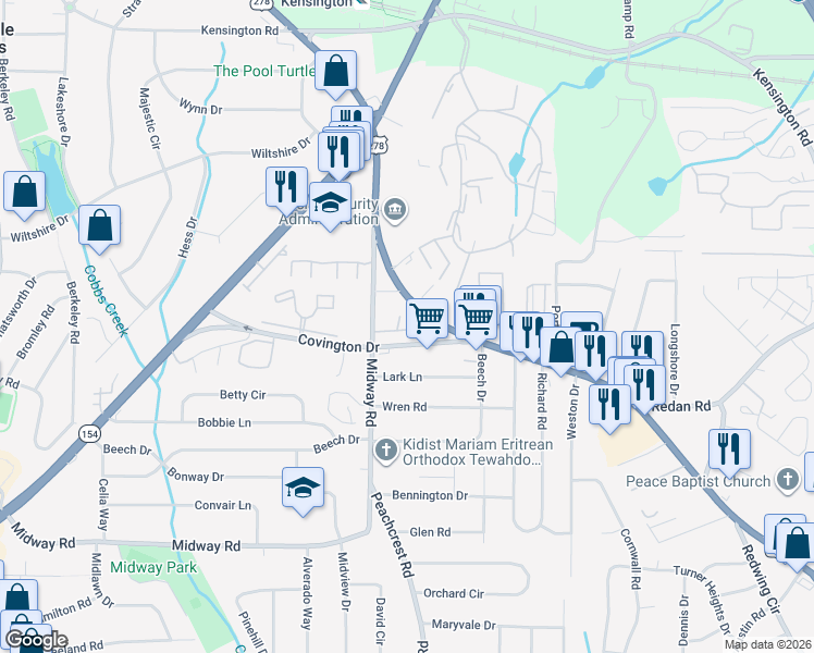 map of restaurants, bars, coffee shops, grocery stores, and more near 3310 Sangster Way in Decatur