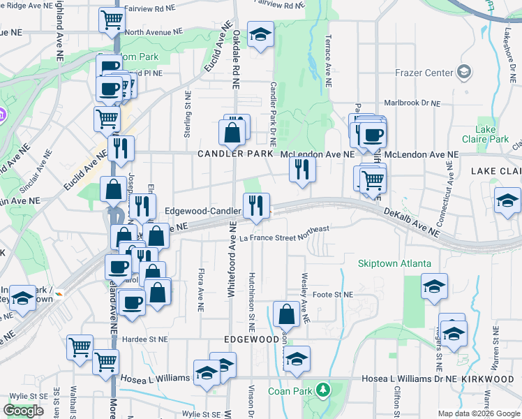 map of restaurants, bars, coffee shops, grocery stores, and more near 1475 DeKalb Avenue Northeast in Atlanta