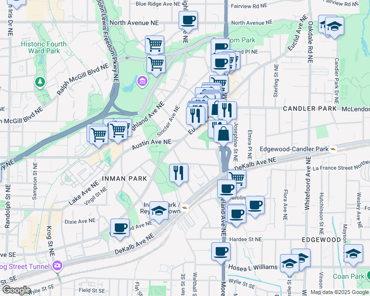map of restaurants, bars, coffee shops, grocery stores, and more near 1083 Austin Avenue Northeast in Atlanta