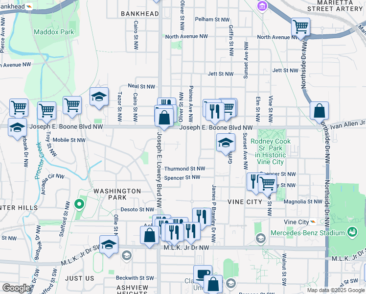 map of restaurants, bars, coffee shops, grocery stores, and more near 270 Sciple Terrace NW in Atlanta