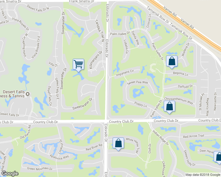 map of restaurants, bars, coffee shops, grocery stores, and more near 39444 Narcissus Way in Palm Desert
