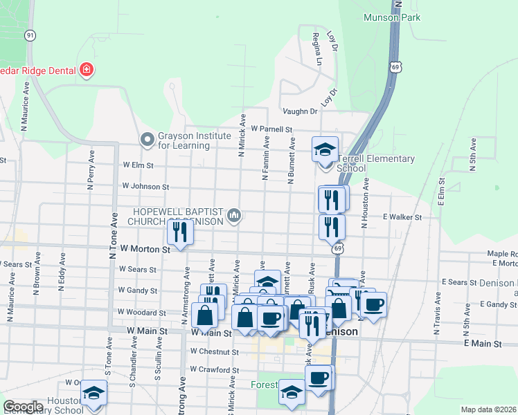 map of restaurants, bars, coffee shops, grocery stores, and more near 501 West Walker Street in Denison