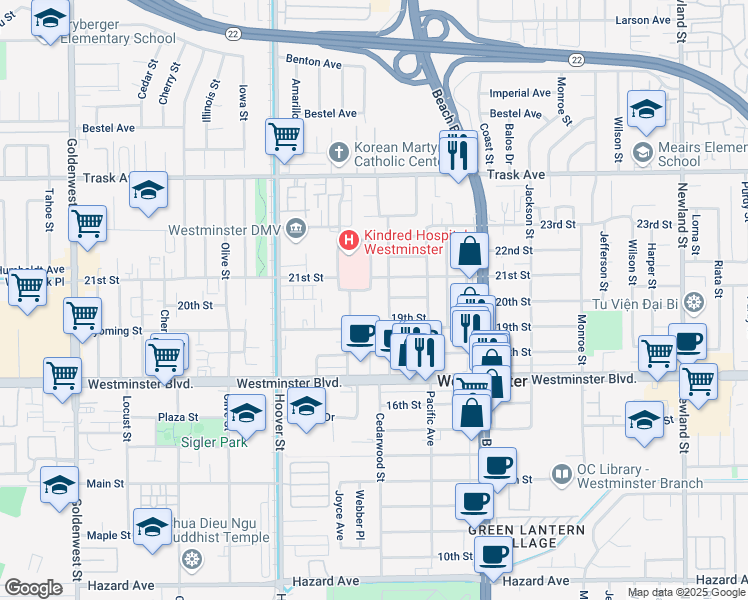 map of restaurants, bars, coffee shops, grocery stores, and more near 210 Hospital Circle in Westminster