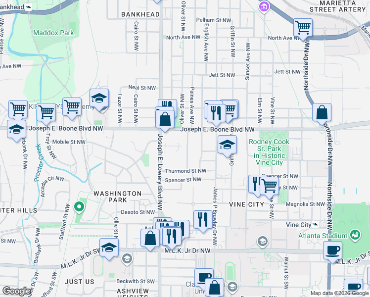 map of restaurants, bars, coffee shops, grocery stores, and more near 270 Sciple Terrace Northwest in Atlanta