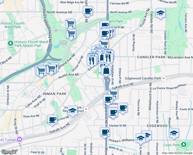 map of restaurants, bars, coffee shops, grocery stores, and more near 1126 Austin Avenue Northeast in Atlanta