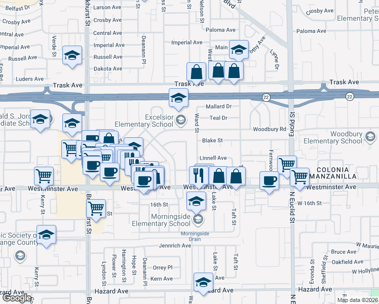 map of restaurants, bars, coffee shops, grocery stores, and more near 13812 Merello Street in Garden Grove