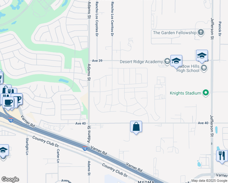 map of restaurants, bars, coffee shops, grocery stores, and more near 39500 Majorca Drive South in Indio