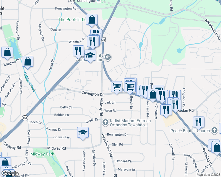 map of restaurants, bars, coffee shops, grocery stores, and more near 3310 Sangster Way in Decatur