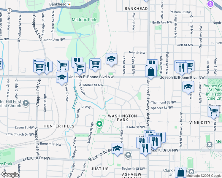 map of restaurants, bars, coffee shops, grocery stores, and more near 1088 Mayson Turner Road Northwest in Atlanta