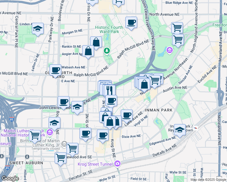 map of restaurants, bars, coffee shops, grocery stores, and more near 697 Kendall Street Northeast in Atlanta