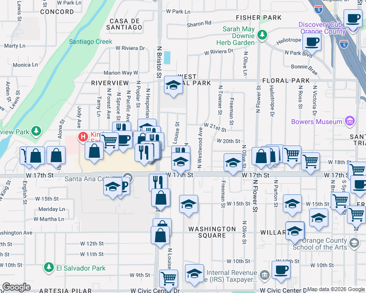 map of restaurants, bars, coffee shops, grocery stores, and more near 1809 North Louise Street in Santa Ana