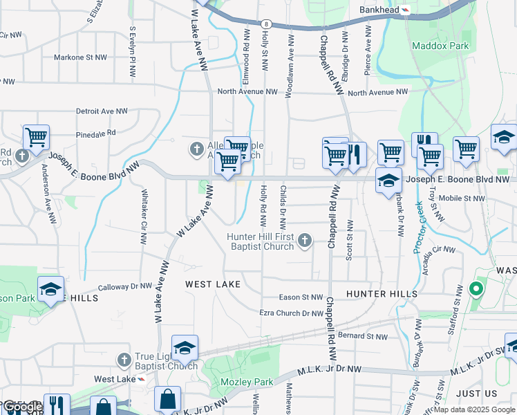 map of restaurants, bars, coffee shops, grocery stores, and more near 246 Holly Road Northwest in Atlanta