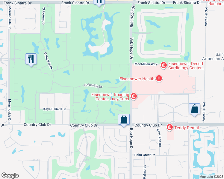 map of restaurants, bars, coffee shops, grocery stores, and more near 15 Columbia Drive in Rancho Mirage