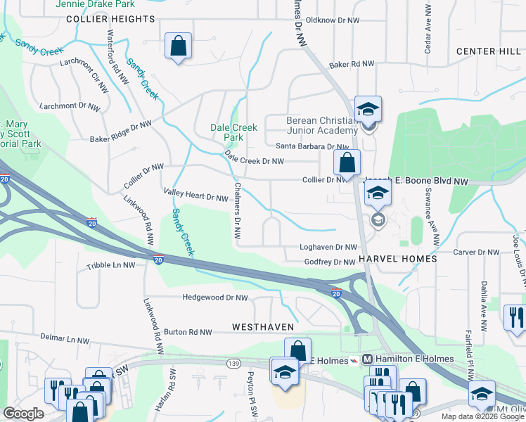 map of restaurants, bars, coffee shops, grocery stores, and more near 214 Simon Terrace Northwest in Atlanta