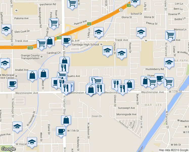 map of restaurants, bars, coffee shops, grocery stores, and more near 13852 Laurel Street in Santa Ana