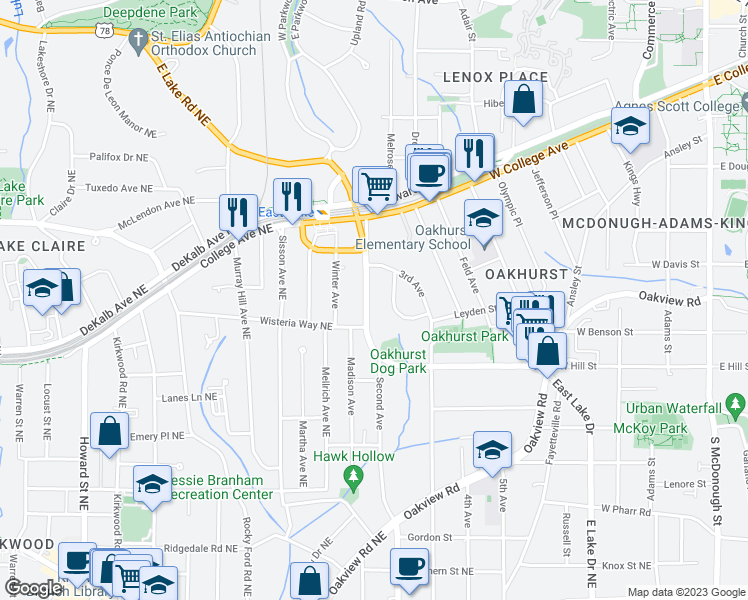 map of restaurants, bars, coffee shops, grocery stores, and more near 250 East Lake Drive in Decatur