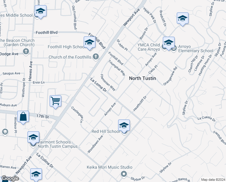 map of restaurants, bars, coffee shops, grocery stores, and more near 1242 Flaminian Way in Santa Ana
