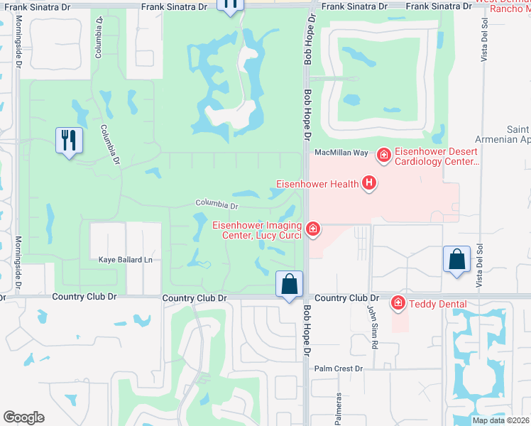 map of restaurants, bars, coffee shops, grocery stores, and more near 13 Columbia Drive in Rancho Mirage