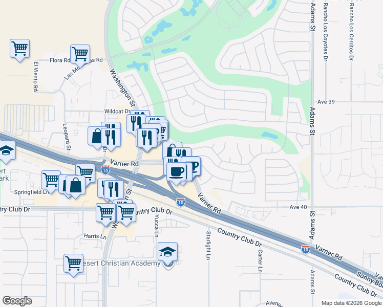 map of restaurants, bars, coffee shops, grocery stores, and more near 78374 Hampshire Avenue in Palm Desert