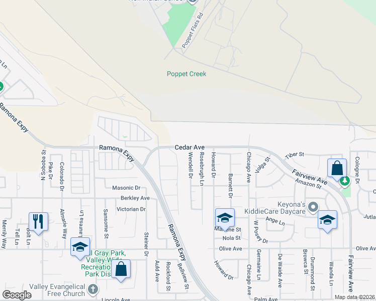 map of restaurants, bars, coffee shops, grocery stores, and more near 24761 Wendell Drive in Hemet