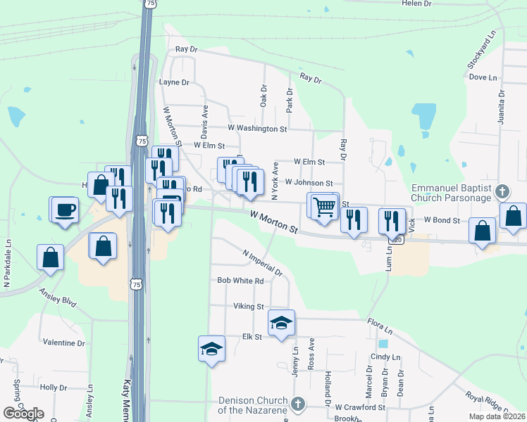 map of restaurants, bars, coffee shops, grocery stores, and more near 2707 West Morton Street in Denison