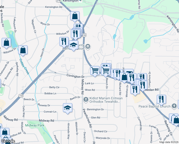 map of restaurants, bars, coffee shops, grocery stores, and more near 3310 Sangster Way in Decatur