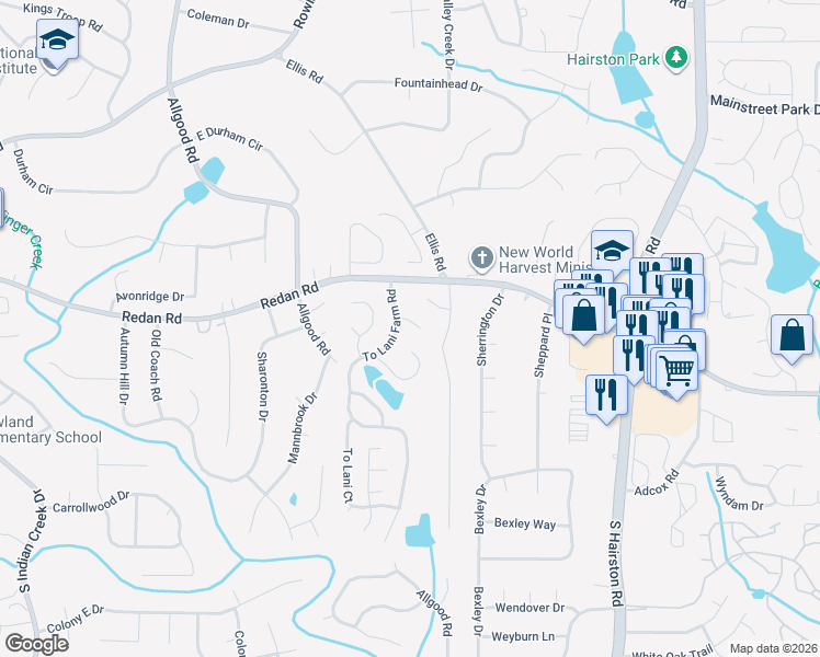 map of restaurants, bars, coffee shops, grocery stores, and more near 4503 To Lani Trail in Stone Mountain