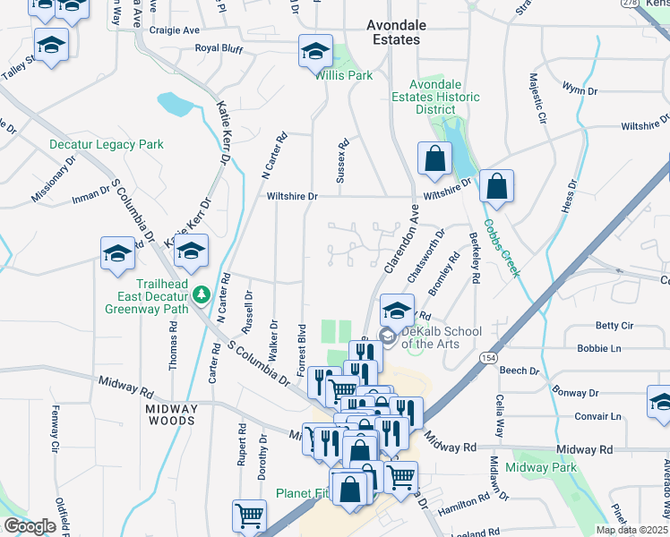 map of restaurants, bars, coffee shops, grocery stores, and more near 81 Hampshire Court in Avondale Estates