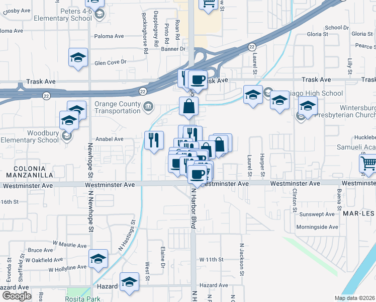 map of restaurants, bars, coffee shops, grocery stores, and more near 13821 Harbor Boulevard in Garden Grove