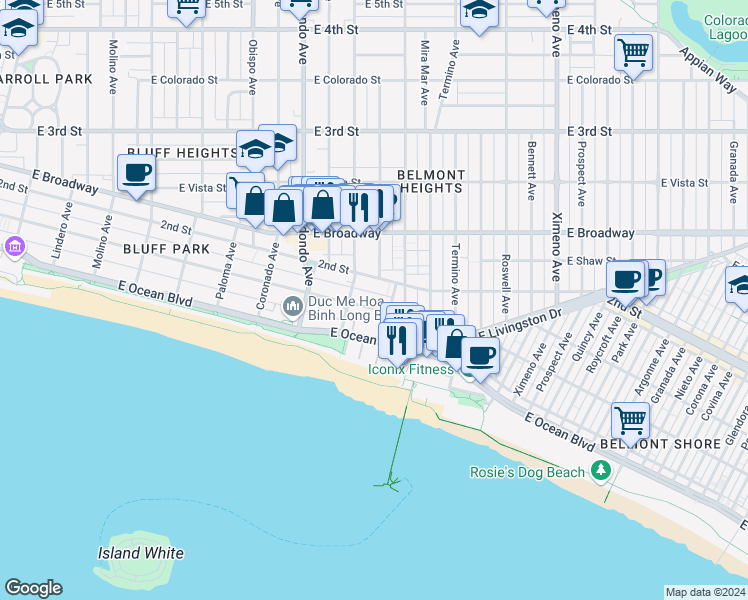 map of restaurants, bars, coffee shops, grocery stores, and more near 3641 East 1st Street in Long Beach
