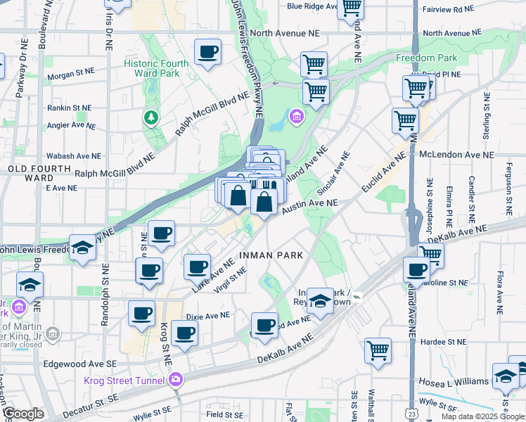 map of restaurants, bars, coffee shops, grocery stores, and more near 280 Elizabeth Street Northeast in Atlanta