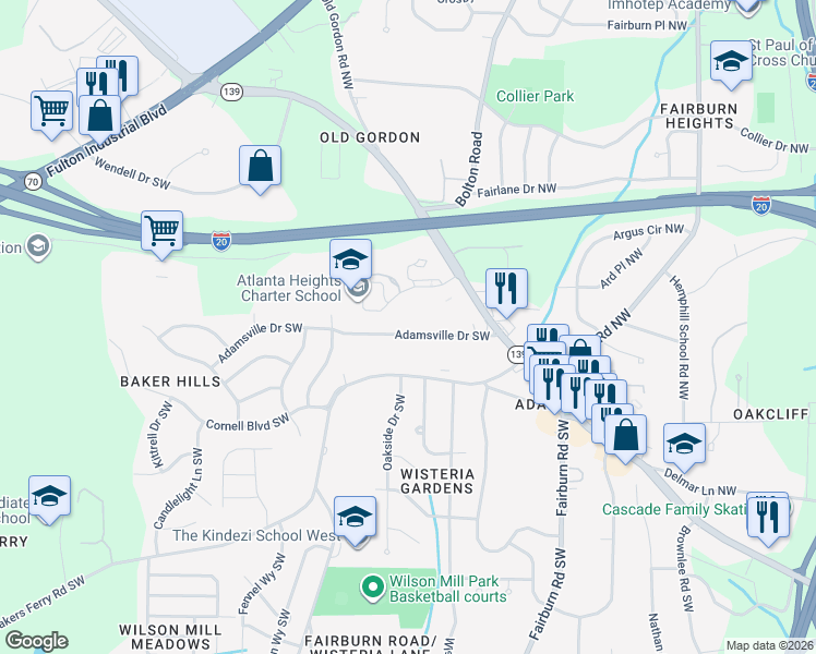 map of restaurants, bars, coffee shops, grocery stores, and more near 3783 Adamsville Drive Southwest in Atlanta