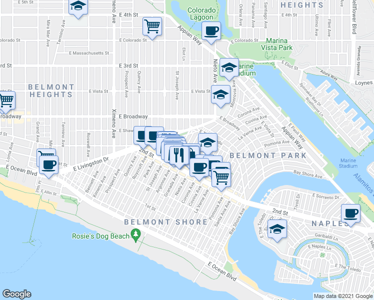 map of restaurants, bars, coffee shops, grocery stores, and more near 225 Granada Avenue in Long Beach