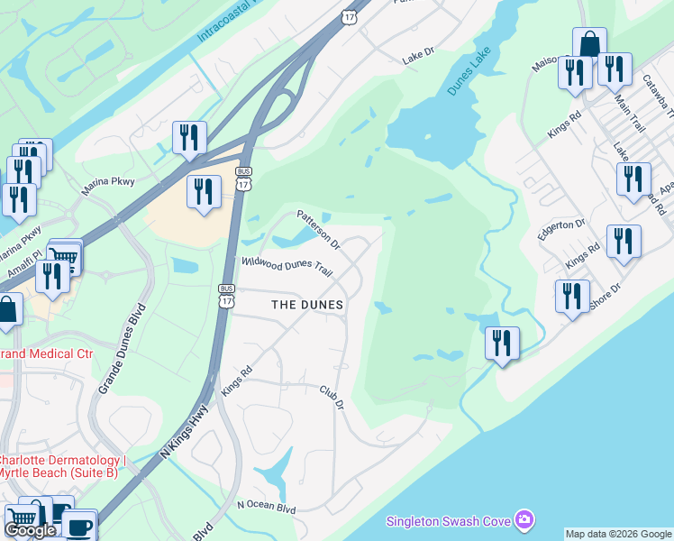 map of restaurants, bars, coffee shops, grocery stores, and more near 9201 Kings Road in Myrtle Beach