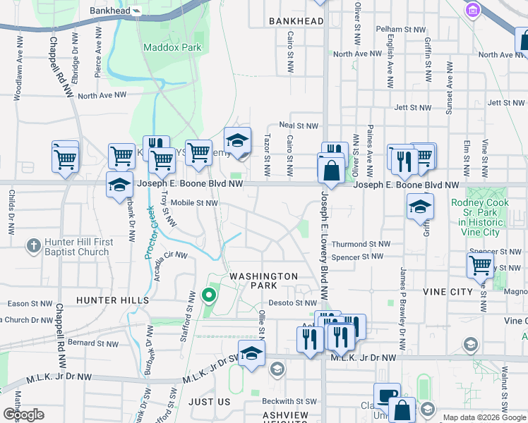 map of restaurants, bars, coffee shops, grocery stores, and more near 1070 Mayson Turner Road Northwest in Atlanta