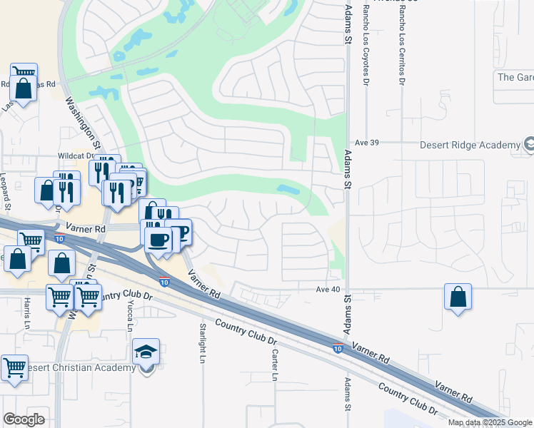 map of restaurants, bars, coffee shops, grocery stores, and more near 39362 Blossom Circle in Palm Desert