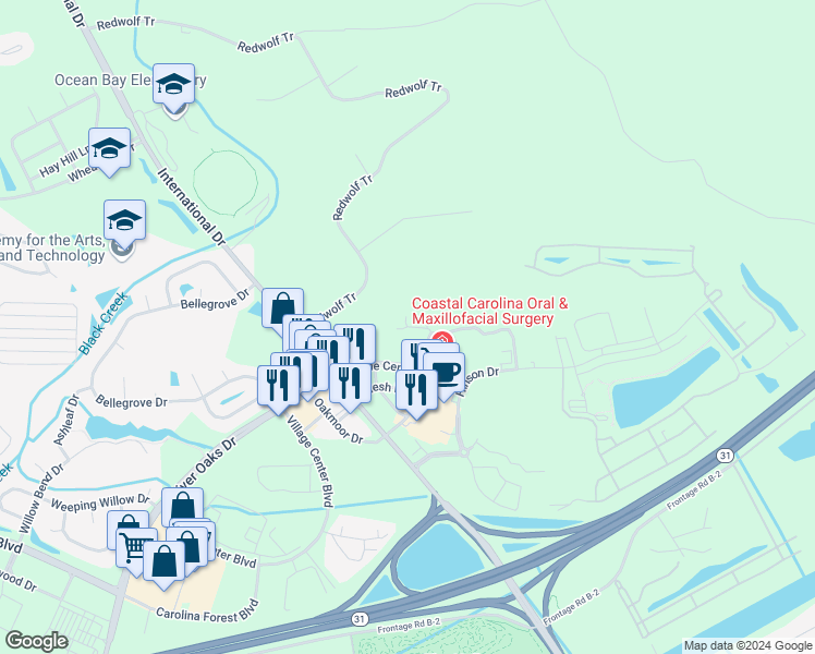map of restaurants, bars, coffee shops, grocery stores, and more near 204 North Shore Drive in Myrtle Beach