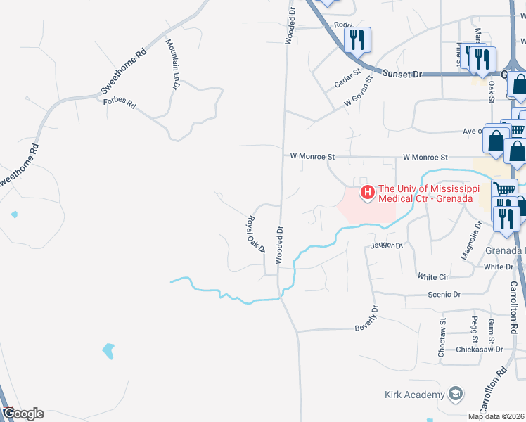 map of restaurants, bars, coffee shops, grocery stores, and more near 1201-1223 Royal Oak Drive in Grenada