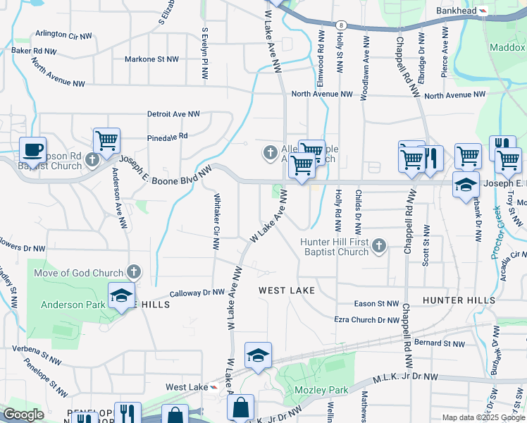 map of restaurants, bars, coffee shops, grocery stores, and more near 1685 Ezra Church Drive Northwest in Atlanta