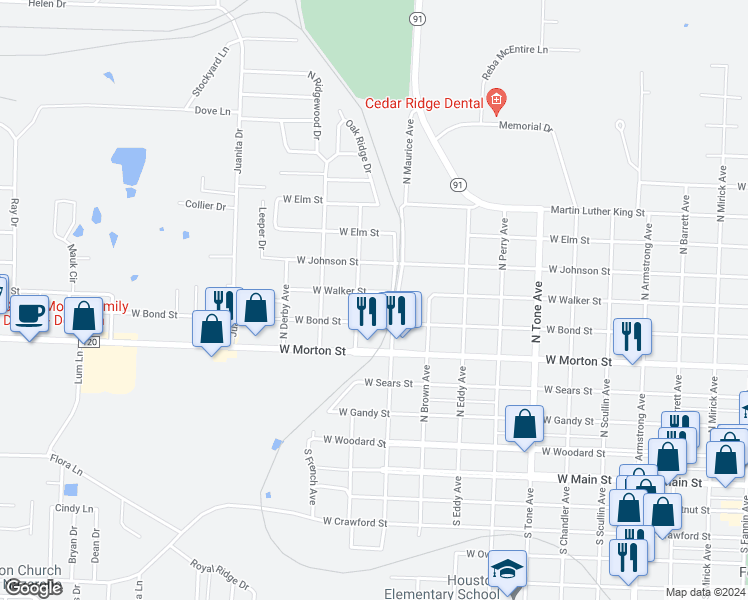 map of restaurants, bars, coffee shops, grocery stores, and more near 1520 West Walker Street in Denison
