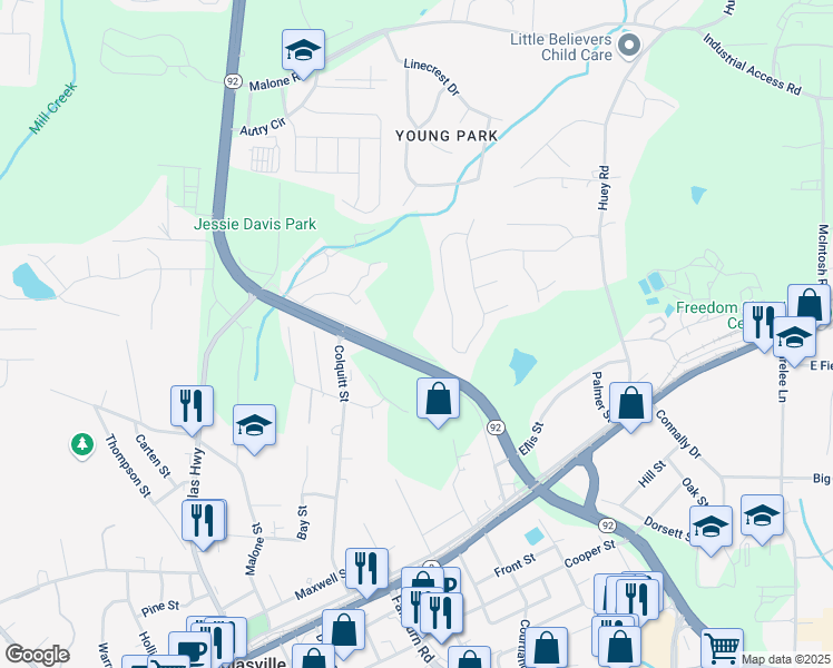 map of restaurants, bars, coffee shops, grocery stores, and more near 6411 Brown Street in Douglasville