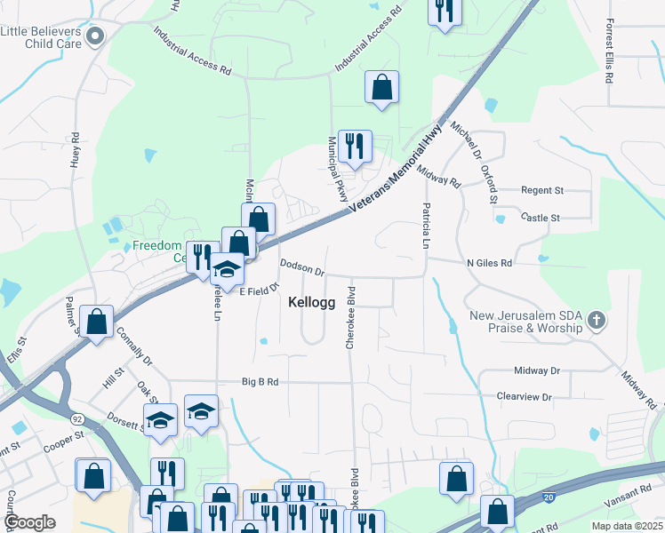 map of restaurants, bars, coffee shops, grocery stores, and more near 1610 Mimosa Lane in Douglasville