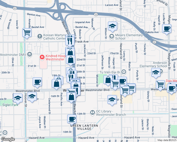 map of restaurants, bars, coffee shops, grocery stores, and more near 8149 20th Street in Westminster