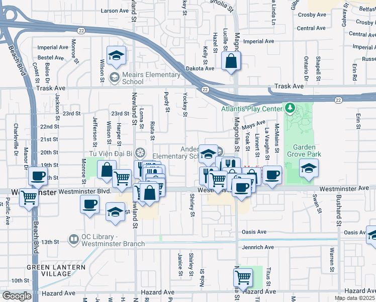 map of restaurants, bars, coffee shops, grocery stores, and more near 13802 Yockey Street in Garden Grove