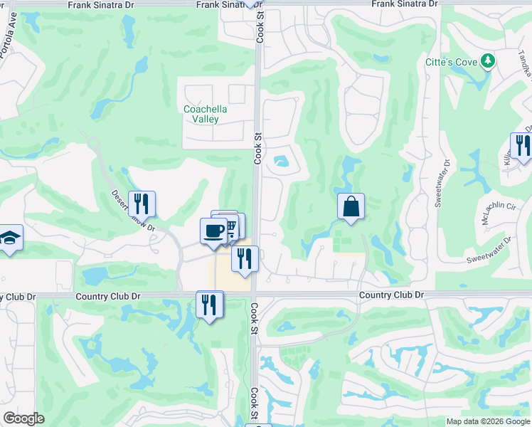 map of restaurants, bars, coffee shops, grocery stores, and more near 752 Vista Lago Drive North in Palm Desert