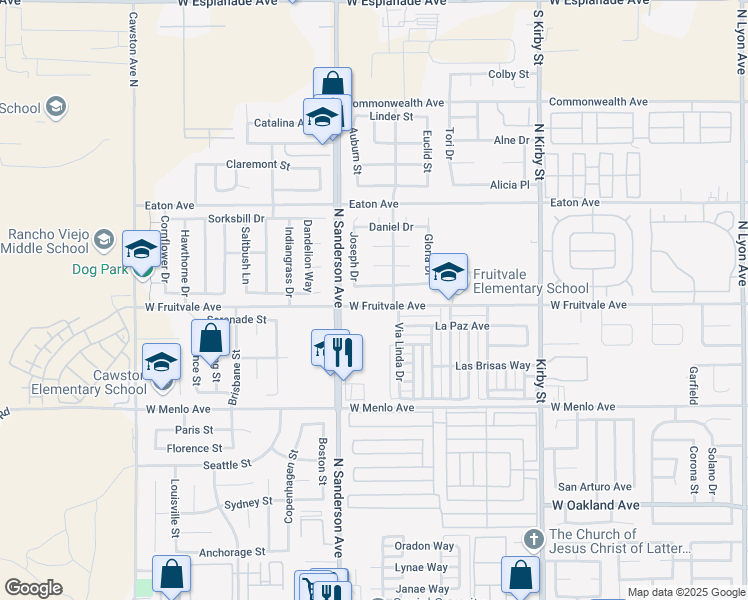 map of restaurants, bars, coffee shops, grocery stores, and more near 3174 West Fruitvale Avenue in Hemet