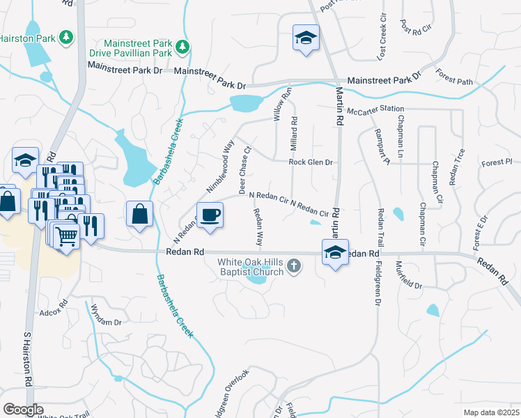 map of restaurants, bars, coffee shops, grocery stores, and more near 1099 Redan Way in Stone Mountain