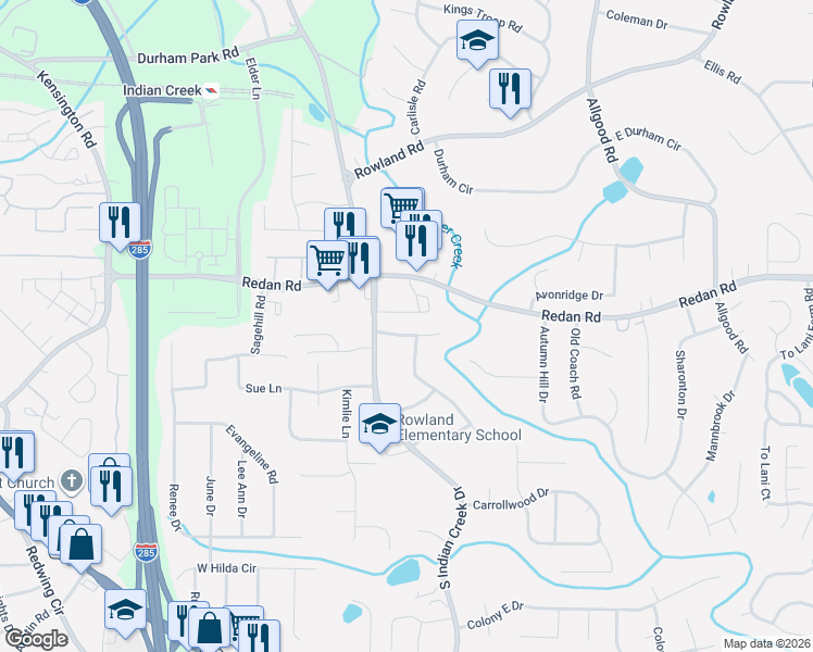 map of restaurants, bars, coffee shops, grocery stores, and more near 4092 Creek Court in Stone Mountain