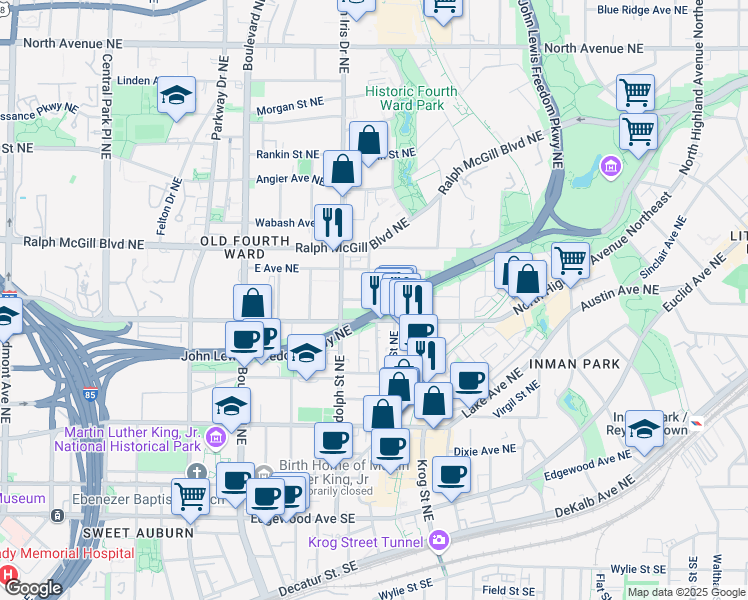 map of restaurants, bars, coffee shops, grocery stores, and more near 287 Fortune Street Northeast in Atlanta