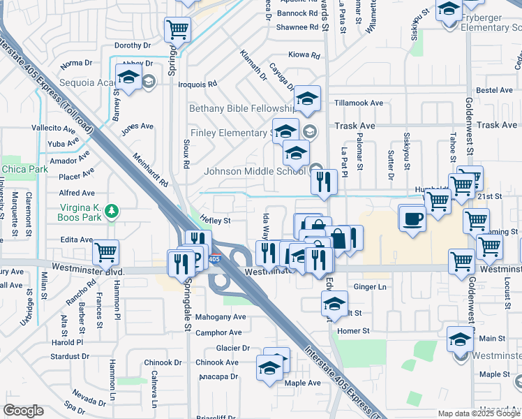 map of restaurants, bars, coffee shops, grocery stores, and more near 13761 Ida Way in Westminster